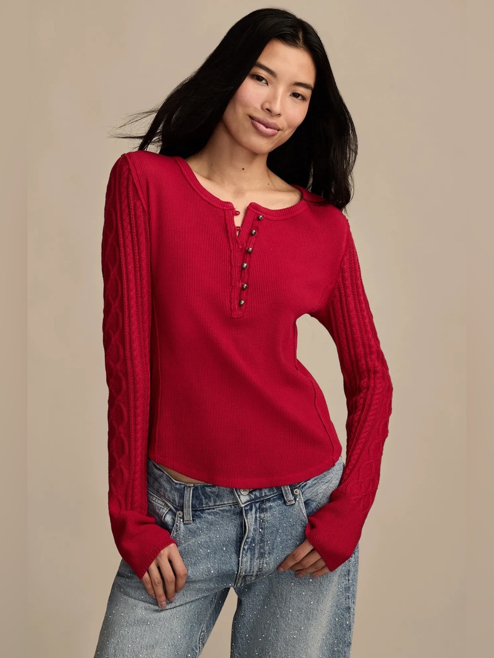 Lucky Brand Waffle Textured Cable Knit Mixed Long Sleeve Henley Red Size Medium